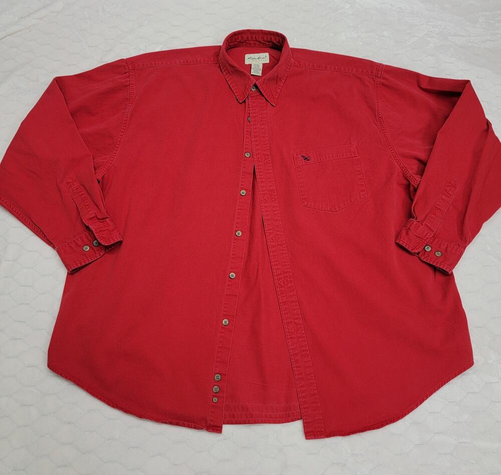 Eddie Bauer Mens XXL Red Twill Button Down Shirt Long Sleeve Goose Pocket Logo